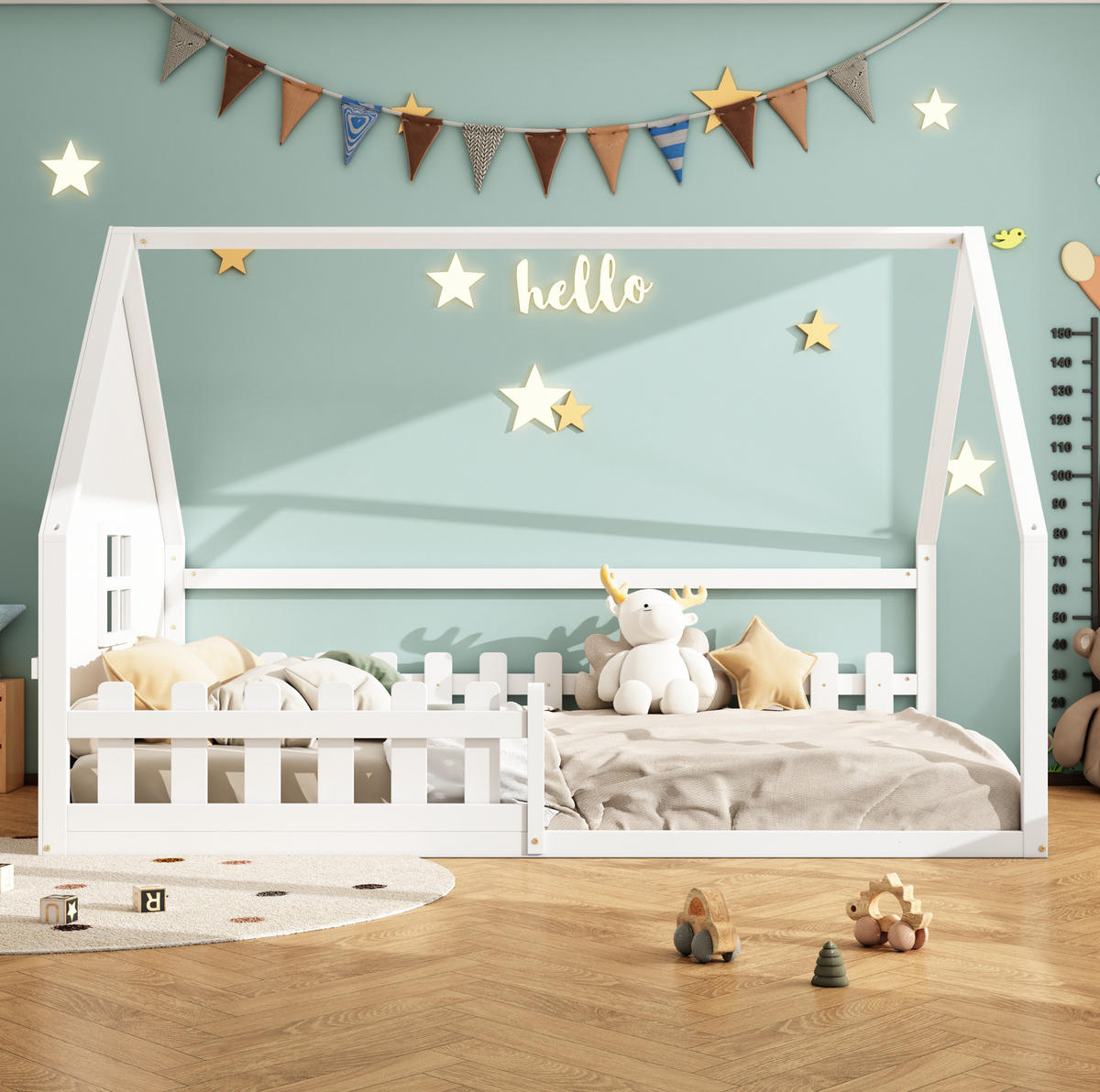 DĚTSKÁ postel 140/200 cm bílá z borovice a MDF ve tvaru domečku se zábranou - bílá, dřevo (140/200cm) - OKWISH
