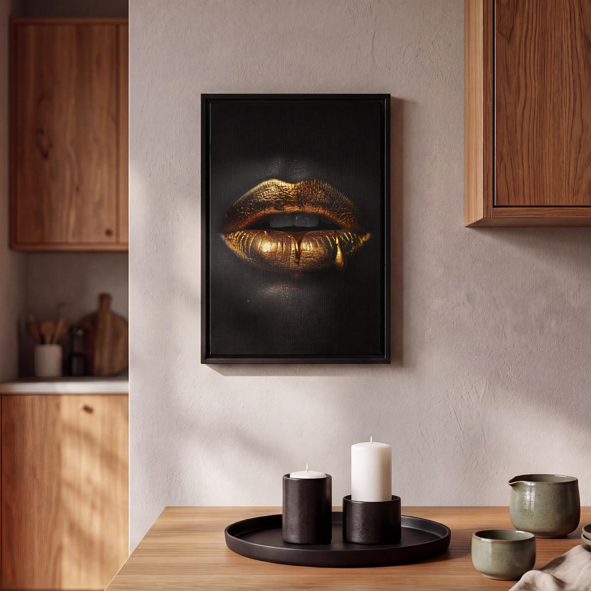LEINWAND Bilder mit Rahmen - Frau - Porträt - Lippen - Gold - Schwarz - 20x30 - Schwarz, Textil (20/30cm) - MuchoWow