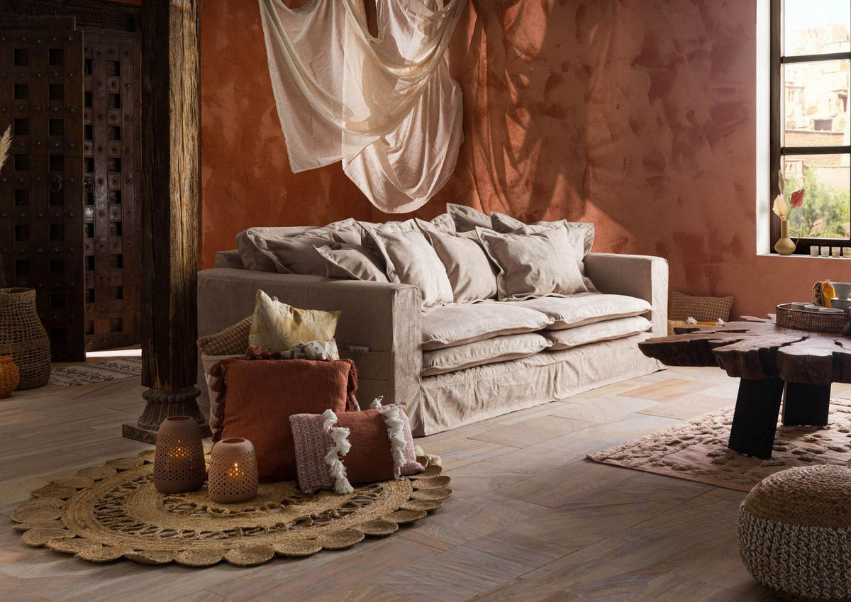 HUSSENSOFA 3-Sitzer 236x138x76 beige KINGSTON - Beige, Textil (236/76/138cm) - Massivmoebel24