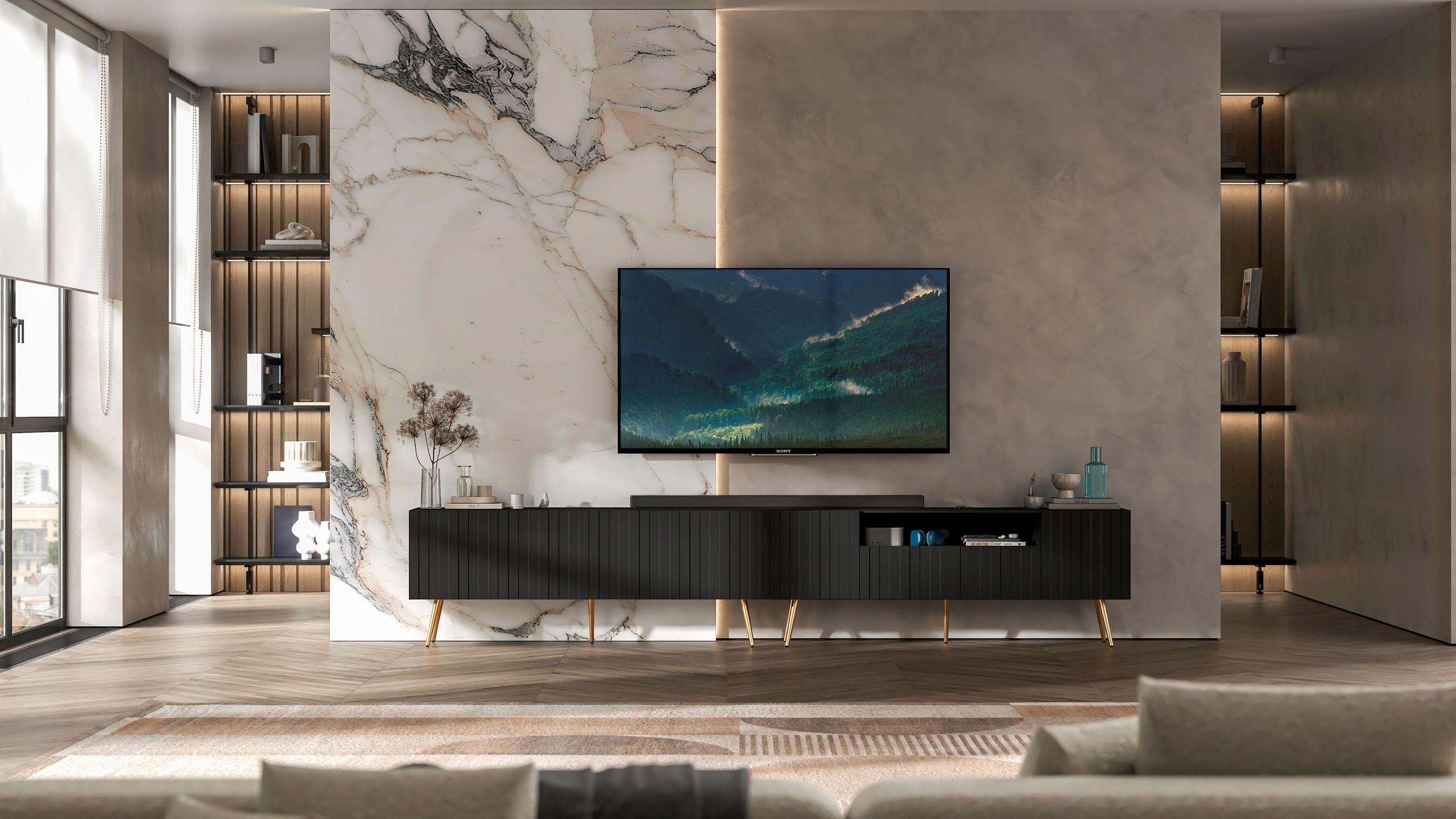 Thumbnail - Meble Lindner Tv-Lowboard, Schwarz, Holzwerkstoff, 6 Fächer, Rechteckig, 300x60.5x36.5 cm, Wohnzimmer, Wohnwände, Lowboa...