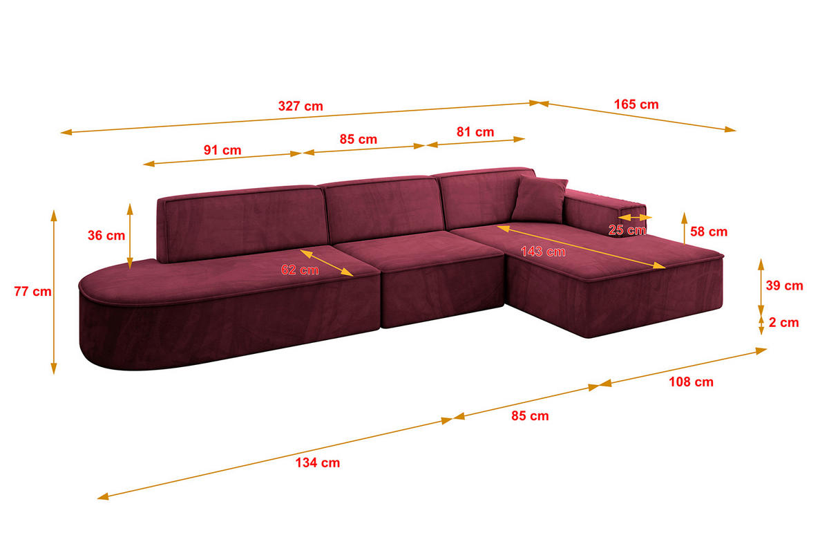 ECKSOFA Ottomane Rechts IREA-L2-v4 - 327x165x77 cm Bordeauxrot - Bordeaux, Holzwerkstoff/Textil (327/165cm) - ALTDECOR