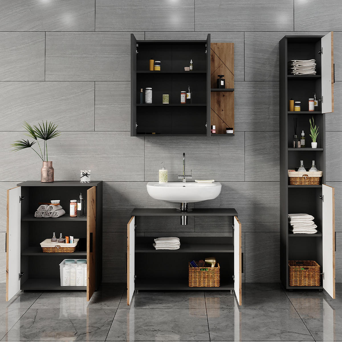 BADMÖBEL-SET Irma Anthrazit/Artisan 4 Teile - Anthrazit/Hellgrau, Holzwerkstoff (80/59/30cm) - Vicco