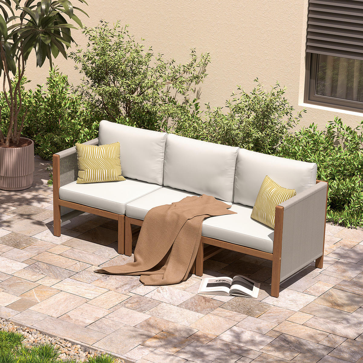 LOUNGESESSEL MIT 1 ARMLEHNE - Akazie massiv / Polyester - Braun / Beige - Beige/Braun, Holz/Textil (65/76/66cm) - home24