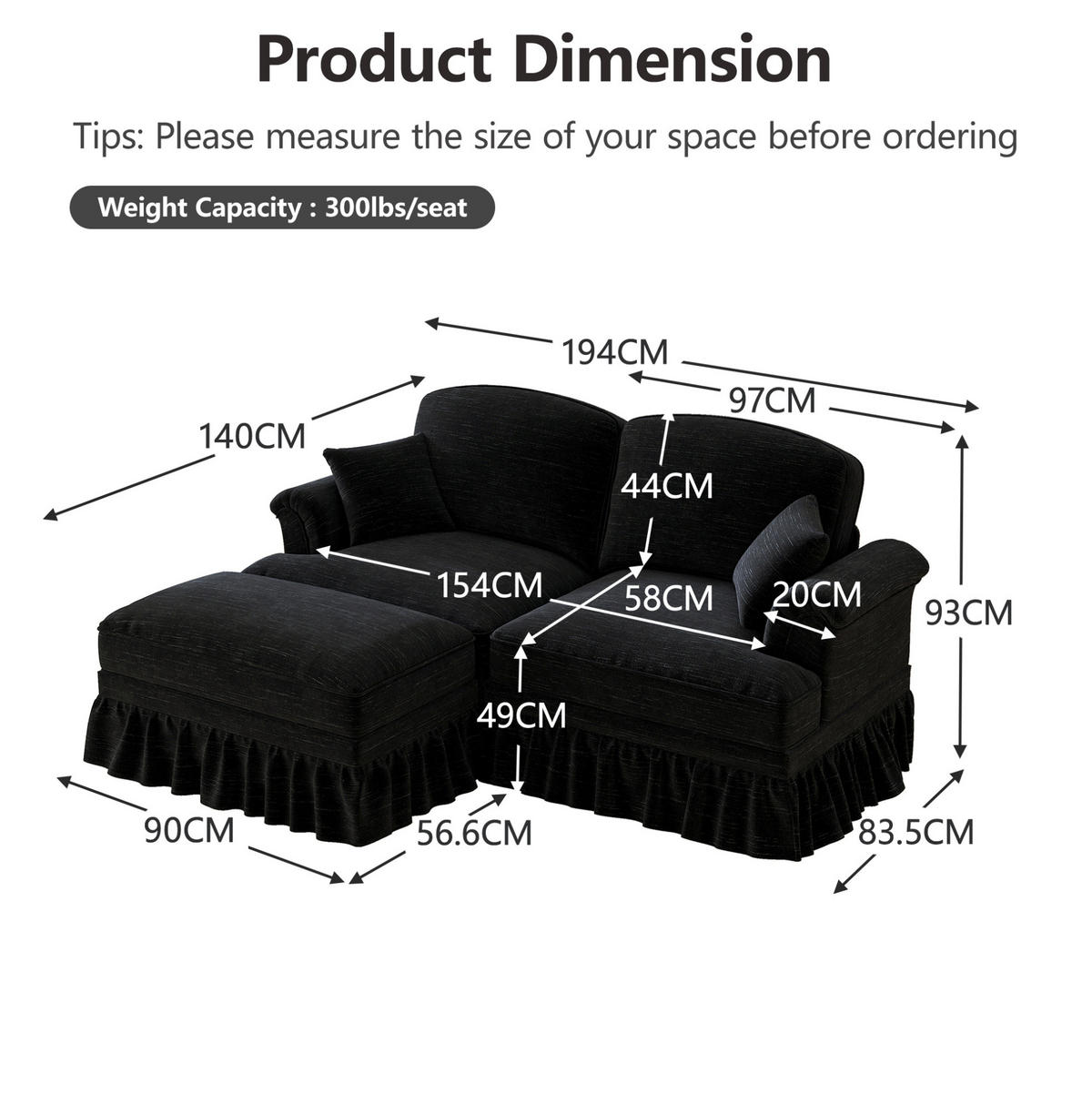 ECKSOFA aus Chenille in Schwarz mit abnehmbarem Rüschenrock - Schwarz, Textil (140/93/194cm) - Modfu