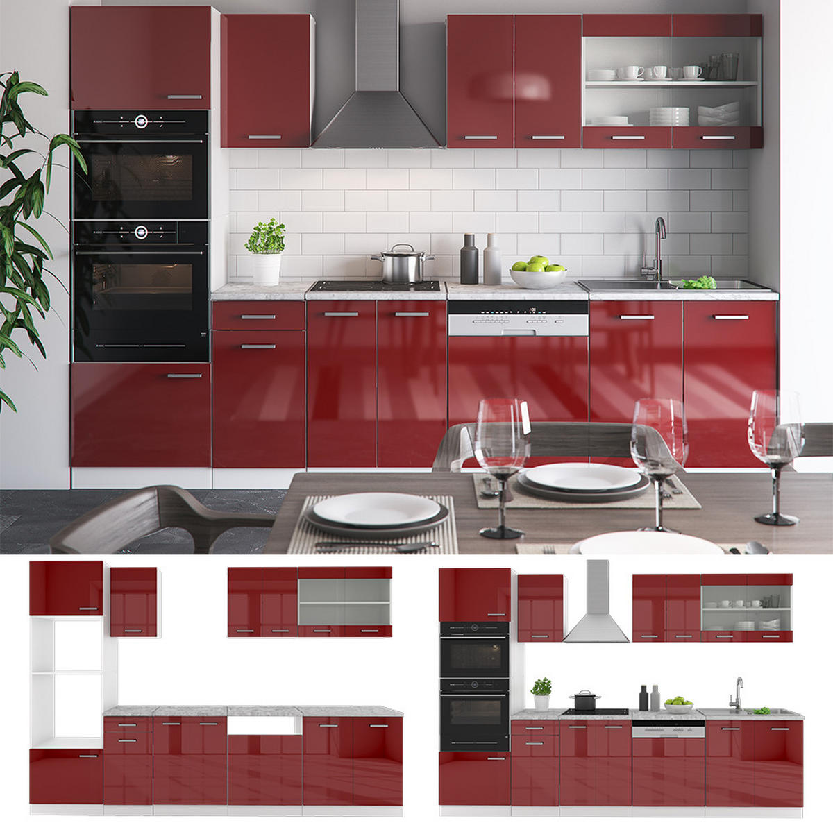 KÜCHENZEILE R-Line Rot Hochglanz/Weiß 300 cm mit Hochschrank, AP Anthrazit - Bordeaux/Rot, Holzwerkstoff (300/81.6/60cm) - Vicco