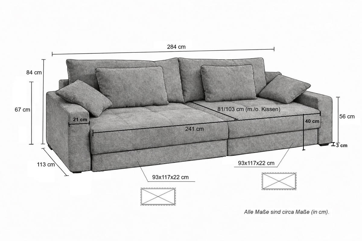 BIG-SOFA mit 2 Bettkästen, viel Stauraum, B274/T113/H84 cm, Liegefläche 103x241 cm, Cord Dunkelgrau / 15261 - Dunkelgrau, Kunststoff/Textil (284/84/113cm) - luma-home
