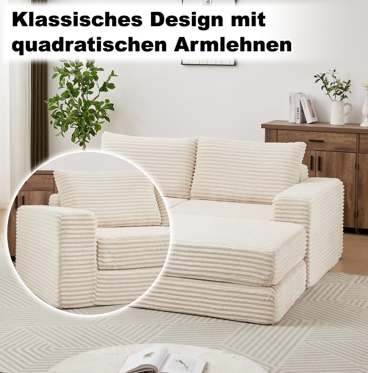 SOFA na razvlačenje bež od samta s pomičnim tabureom i modularnim rasporedom - bež, tekstil (169.5/74/194cm) - OKWISH