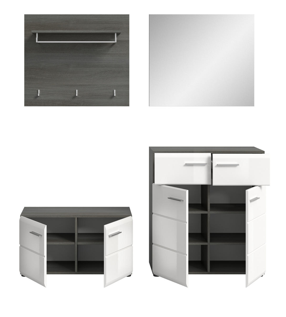 GARDEROBE Set 4-teilig weiß Hochglanz, grau 175 cm, Komplettset mit viel Stauraum - Weiß Hochglanz/Silberfarben, Glas/Holzwerkstoff (175/192/37cm) - Inn.Furn