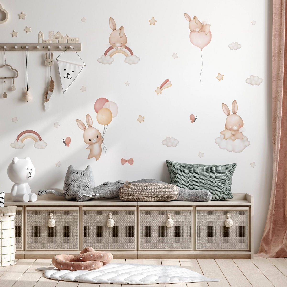 WANDAUFKLEBER SET Kaninchen Sternen Wolken Regenbogen 120x60 - Beige/Rot, Papier (120/60/1cm) - Muralo