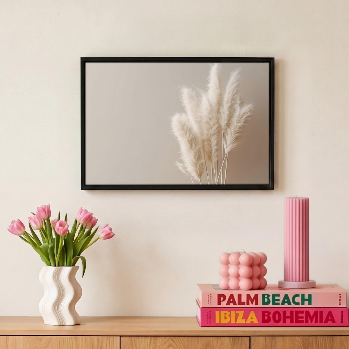 LEINWAND Bilder mit Rahmen - Pampasgras - Federn - Pastell - Weiß - 30x20 - Naturfarben, Textil (30/20cm) - MuchoWow