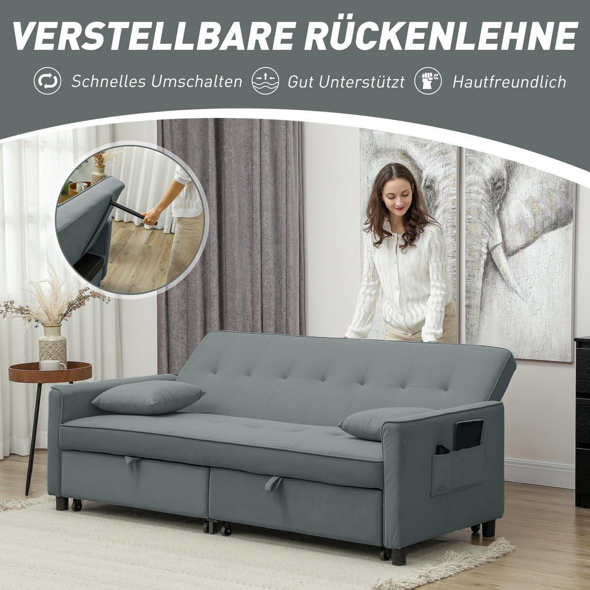 SOFABETT, 3-Sitzer-Couch, Schlafsofa mit ausziehbarem Bett, Grau - Grau, Textil (90/89/196cm) - HOMCOM