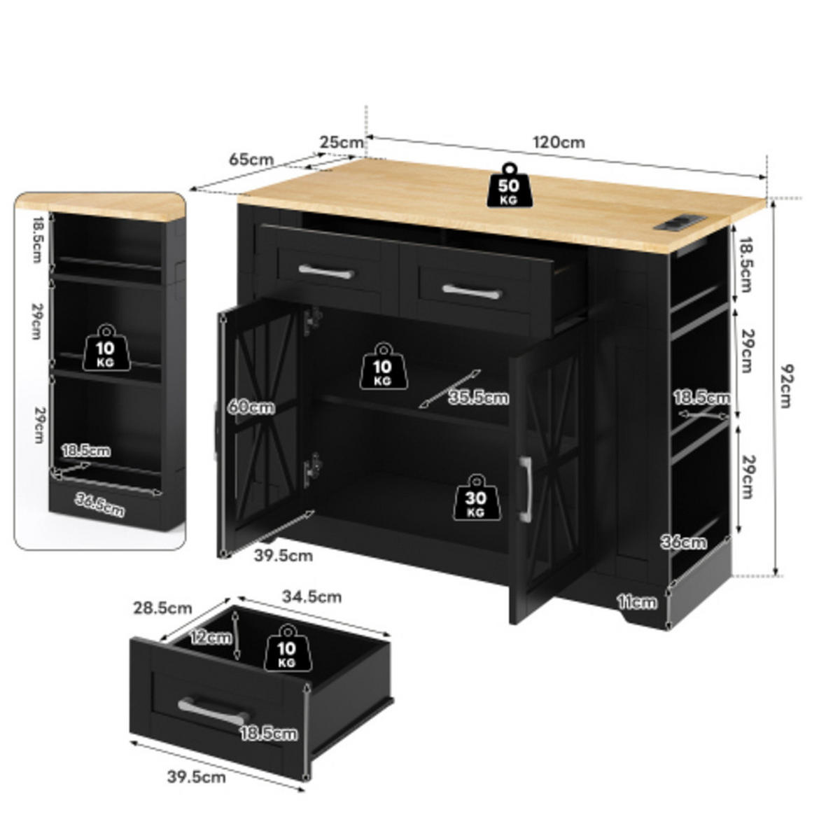 KÜCHENINSEL schwarz-Neutral aus MDF mit klappbarer Erweiterungsplatte, Steckdosen und Laufrollen 120 × 40(65) × 92 cm - Schwarz, Holzwerkstoff (120/92/65cm) - Luhomfu