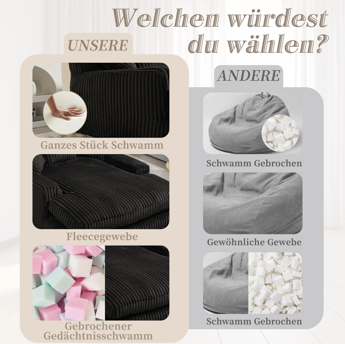 BIGSOFA 125/155/63 cm in Schwarz – bodennahes Kordsofa mit 3 Kissen - Schwarz, Textil (63/125/155cm) - BEAOK