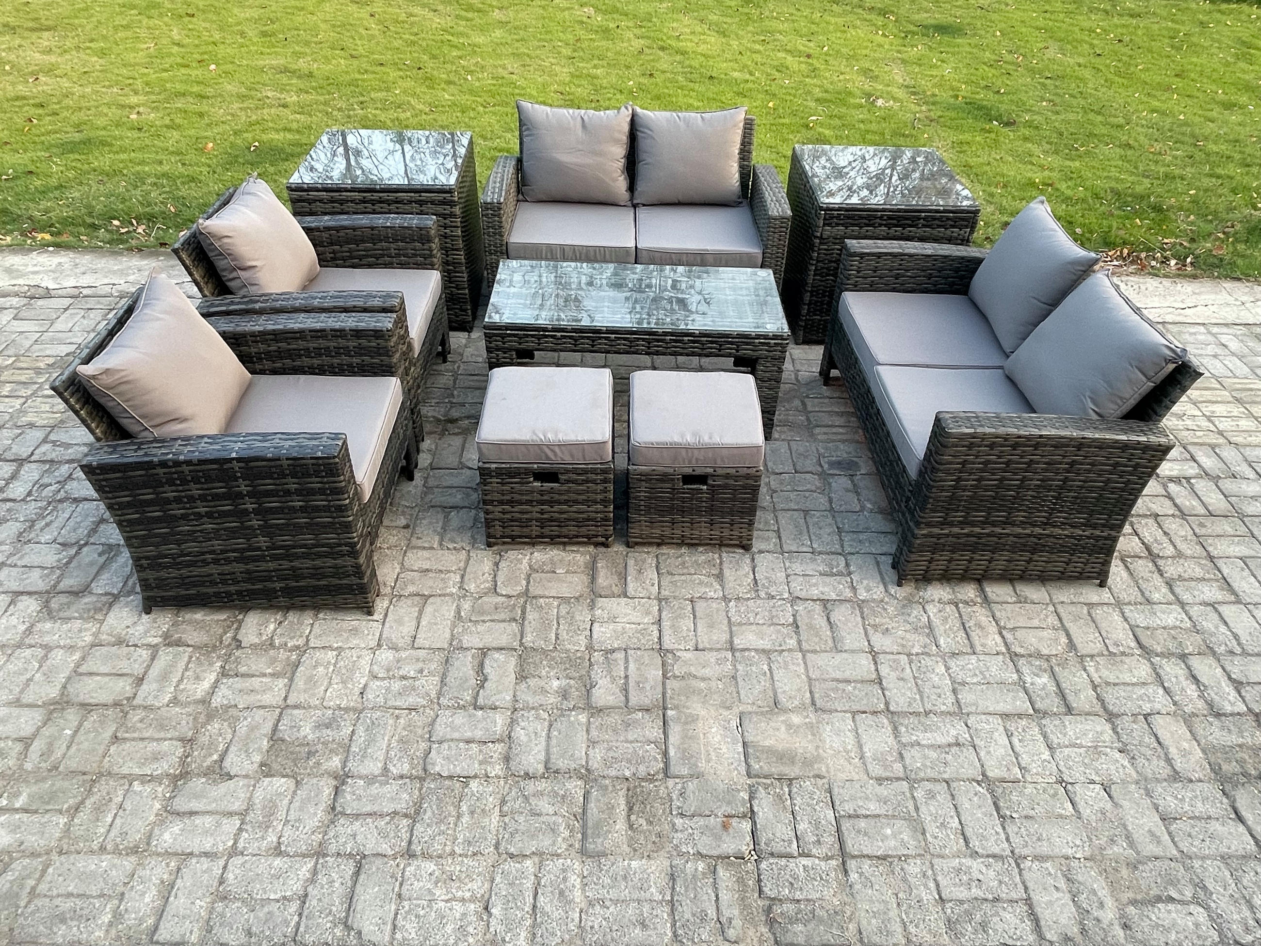 GARTENMÖBEL Set Polyrattan Dunkelgrau 8-Sitzer - Dunkelgrau, Metall - Fimous