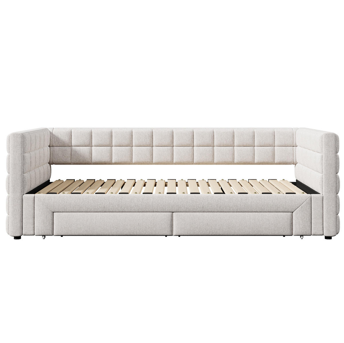 TAGESBETT 90/200 cm aus Samt, ausziehbar mit 2 Schubladen und quadratischer Rückenlehne, Beige - Beige, Textil (90/200cm) - Redom
