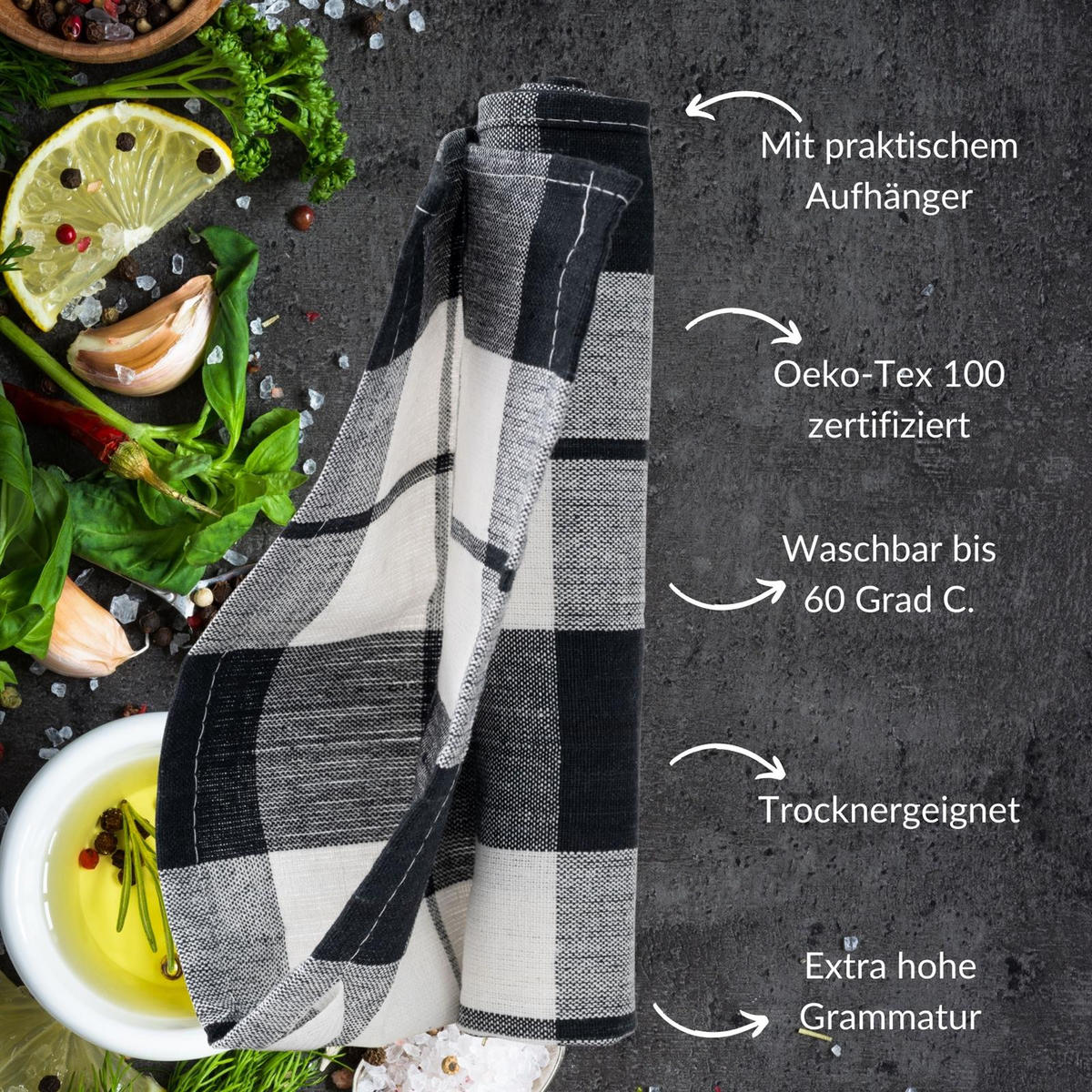 GESCHIRRTÜCHER 50x70 cm im 4er Set aus 100% Baumwolle, Küchentücher Schwarz - Schwarz, Textil (50/70cm) - Carpe Sonno