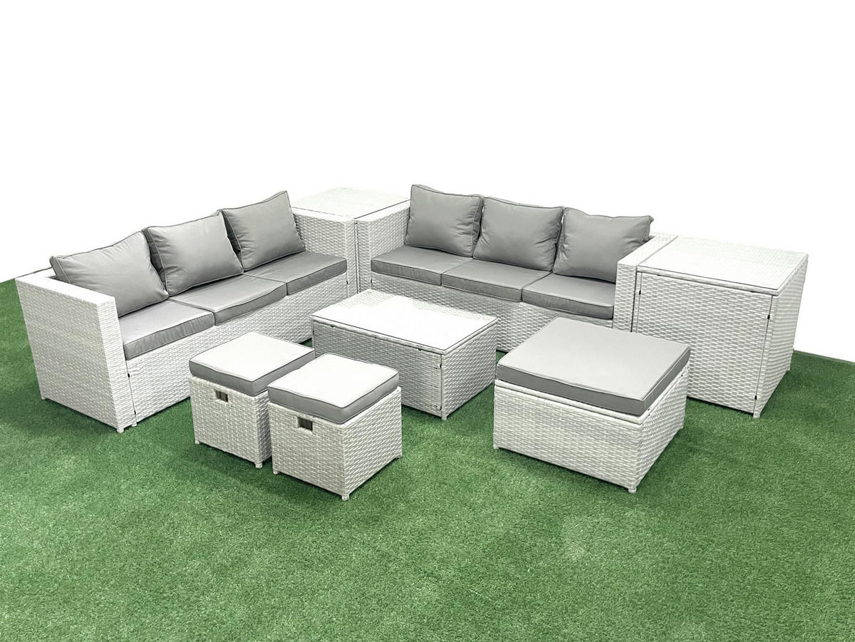 GARTENGARNITUR mit 3-SITZER SOFA,COUCHTISCH Polyrattan Hellgrau-Mix 9-Sitzer - Hellgrau/Grau, Glas/Kunststoff - Fimous