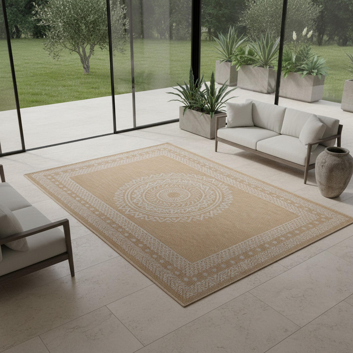 TEPPICH Outdoor Flachgewebe Vintage Polypropylen Terrasse Beige Rechteckig 240x340 - Beige, Textil (240/340cm) - KADIMA DESIGN
