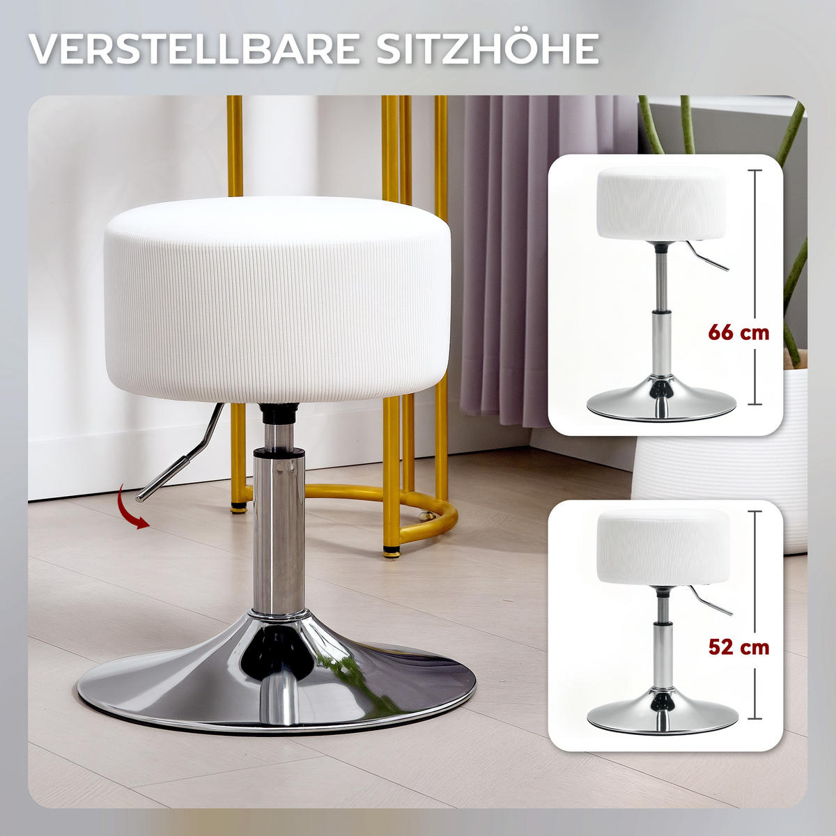 BARHOCKER, Gepolstert Barstuhl mit Metallgestell, Cordoptik, Höhenverstellbar - Weiß, Kunststoff (38/66/38cm) - HOMCOM