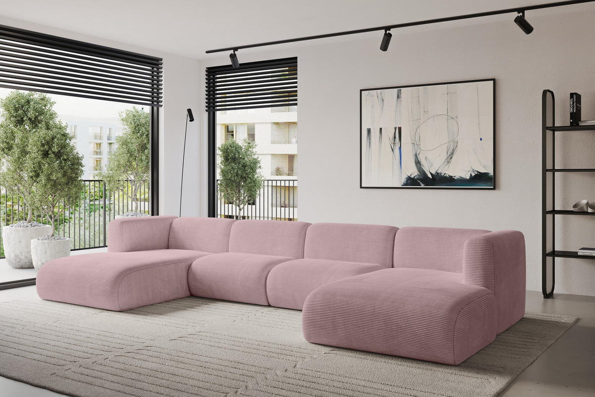 WOHNLANDSCHAFT MIRA-U2 408x179x70 Rosa Cord - Schwarz/Rosa, Holzwerkstoff/Kunststoff (408/70/179cm) - ALTDECOR