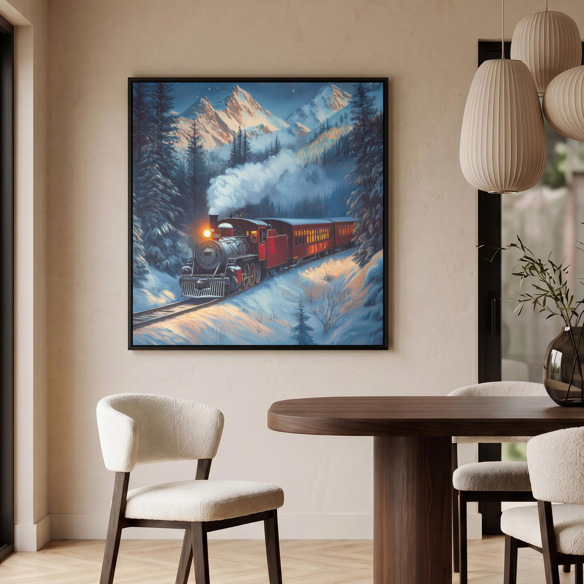 LEINWAND Bilder mit Rahmen - Zug - Weihnachten - Schnee - Weihnachtszug - 90x90 - Anthrazit, Textil (90/90cm) - MuchoWow