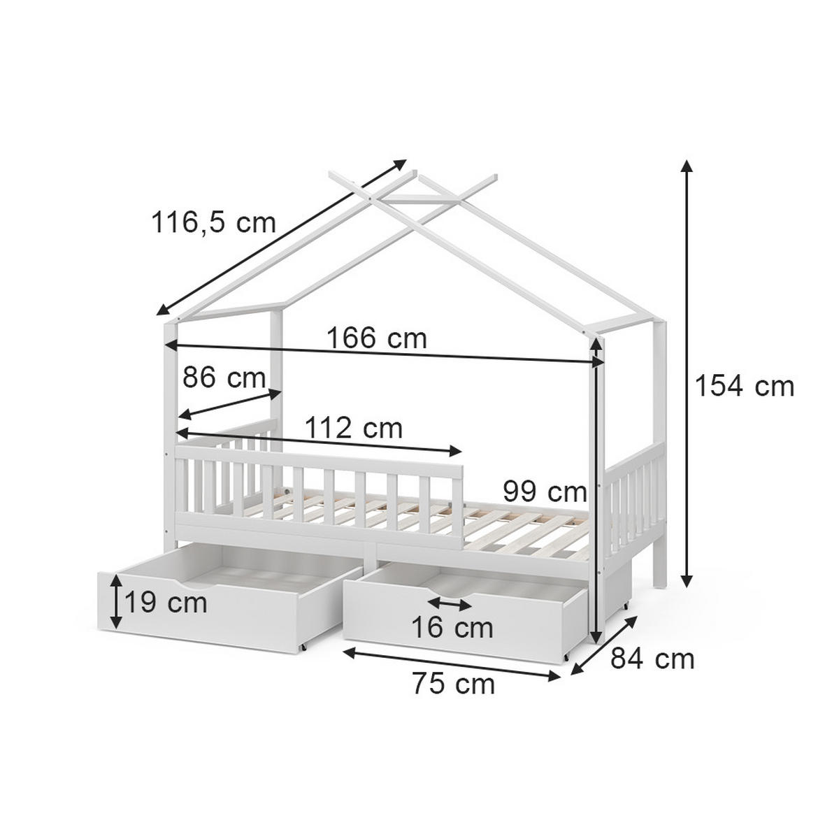 HAUSBETT Franka Weiß 80x160 cm mit 2 Schubladen und Matratze - Weiß, Holzwerkstoff (80/160cm) - VitaliSpa