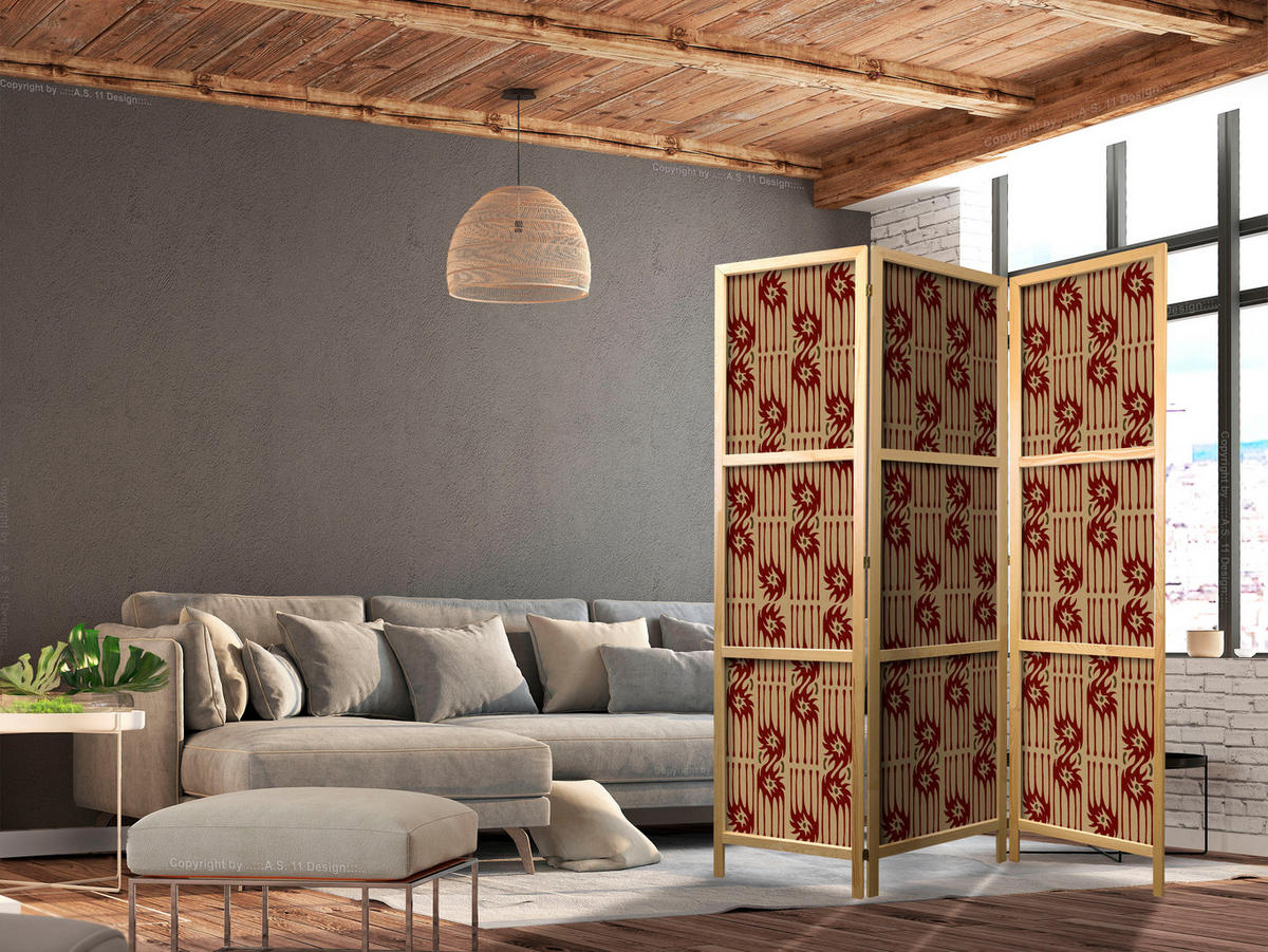 PARAVENT Japanischer 3-tlg 135x172 cm Retro Abstraktion - Braun, Holz/Textil (135/172/3cm) - Muralo