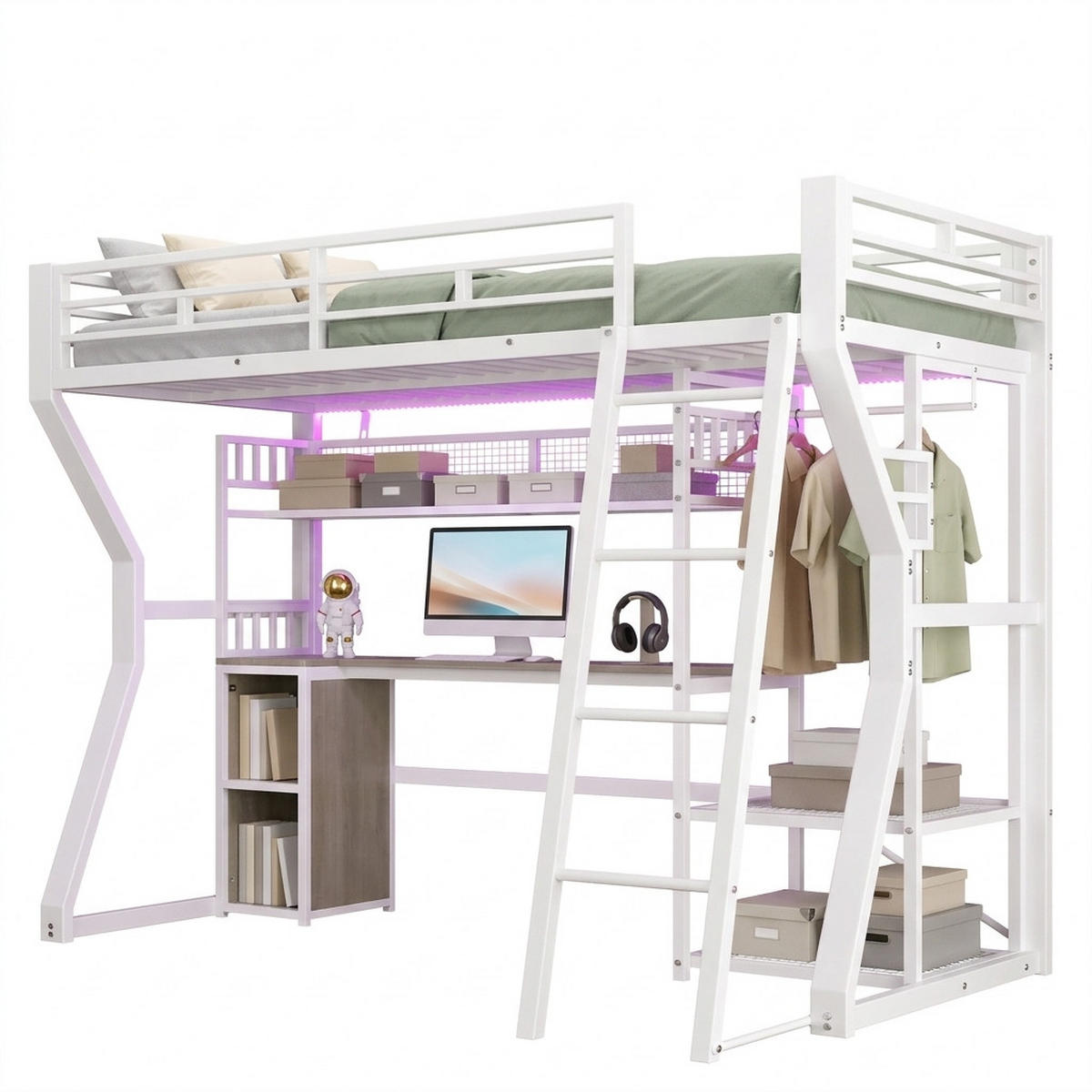 HOCHBETT 90/200 cm in Weiß mit Lichtleiste, Steckdose und Schreibtisch, Metall - Weiß, Holzwerkstoff/Metall (90/200cm) - CHICFURN