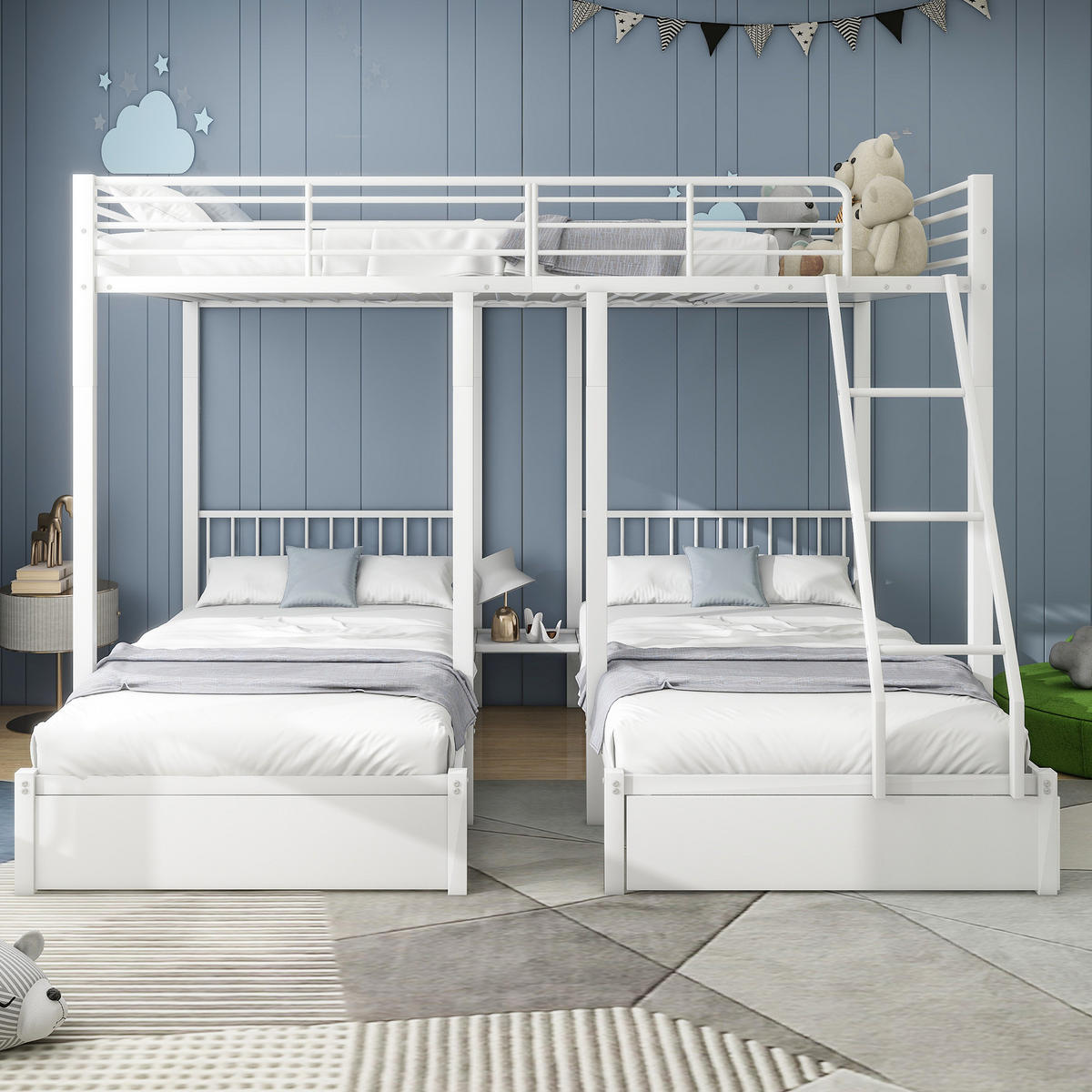 ETAGENBETT 140/200 und 2 x 90/200 cm aus Metall mit 2 Schubladen, teilbar in 3 Betten, Weiß - Weiß, Metall (140/200cm) - Redom