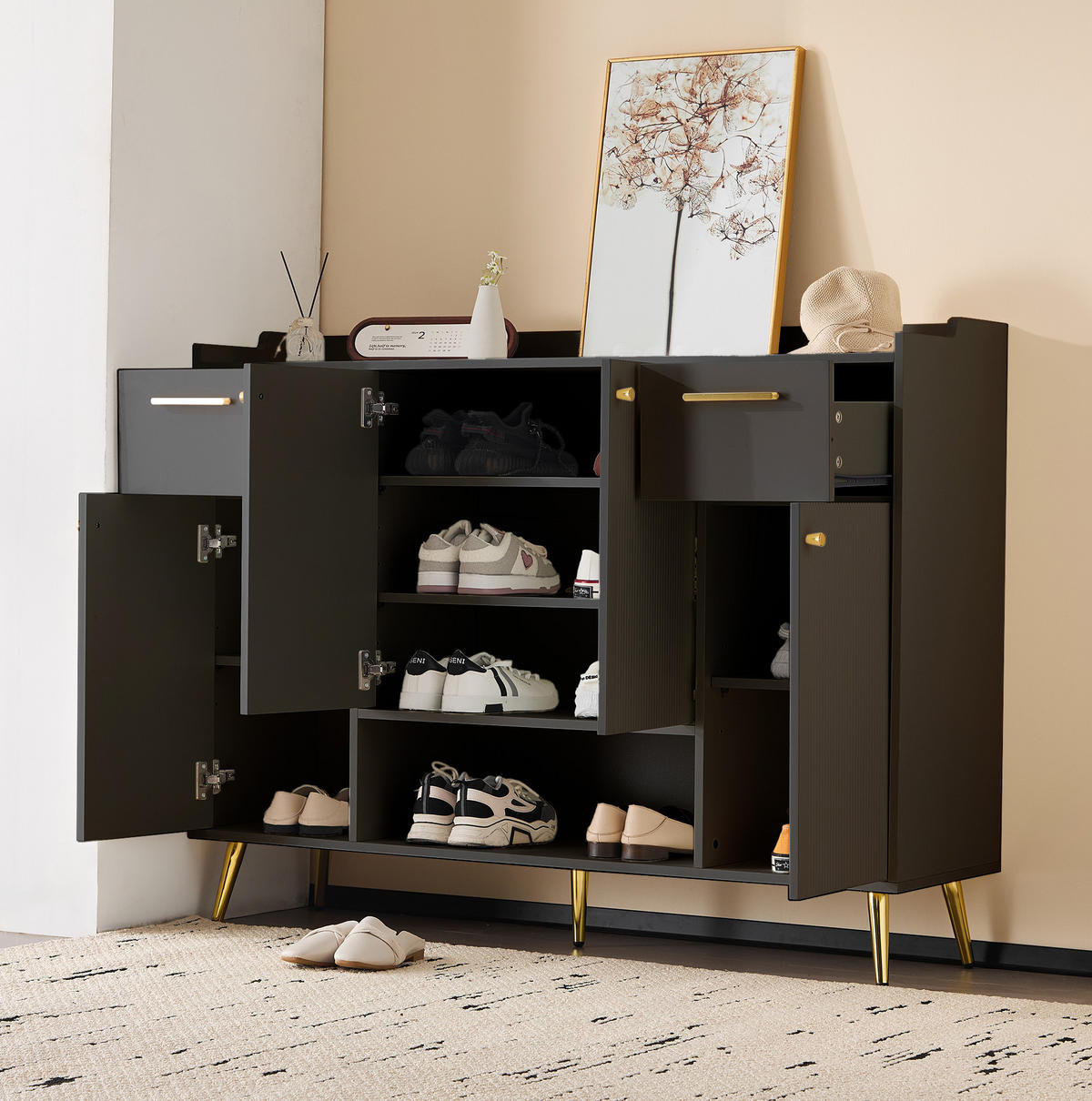 SCHUHSCHRANK 130/37/100 cm in Schwarz mit 2 Schubladen und 4 Türen - Schwarz, Holzwerkstoff (130/100/37cm) - Flora Grace
