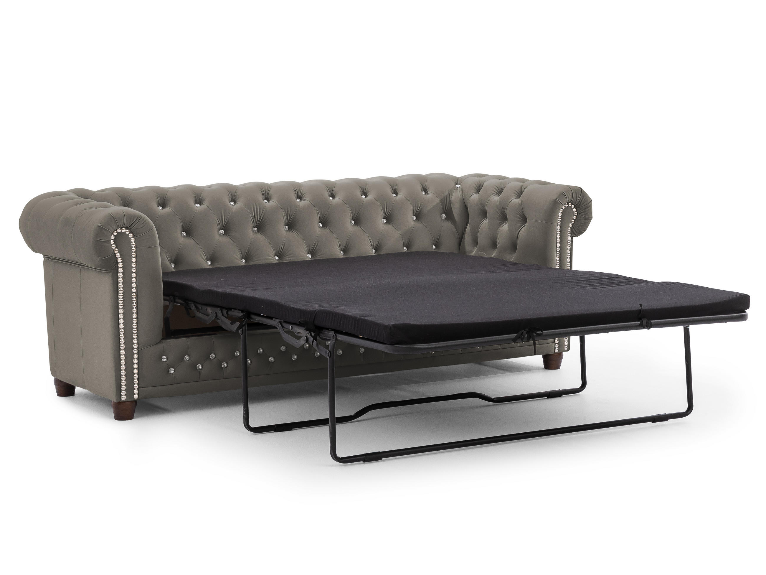 CHESTERFIELD-SOFA 3-Sitzer mit Schlaffunktion Cleo Blink Grau Samt mit Kristallsteppung und braunen Massivholzfüßen - Braun/Grau, Holz/Textil (203/72/86cm) - S-Style Möbel