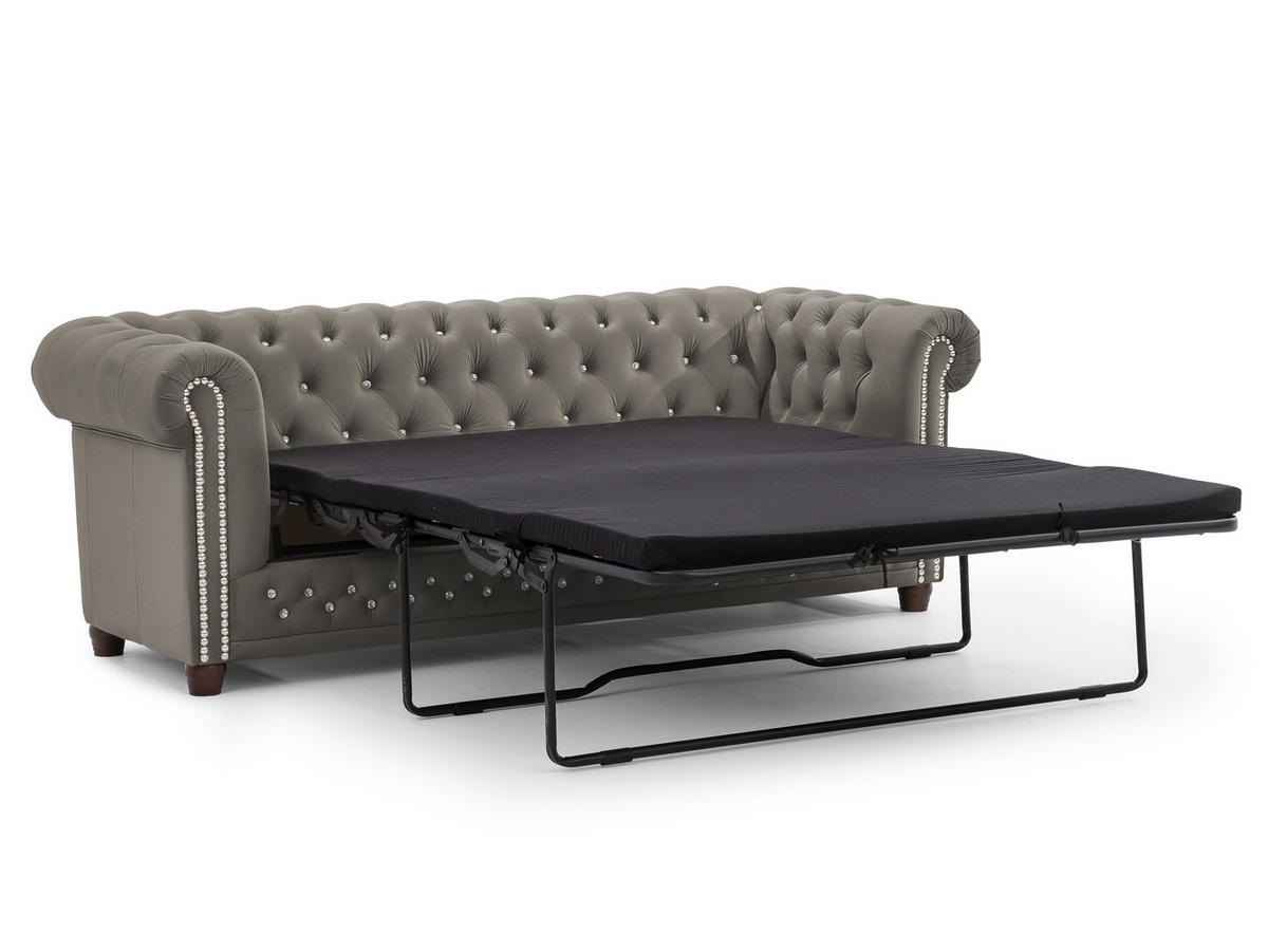 CHESTERFIELD-SOFA 3-Sitzer mit Schlaffunktion Cleo Blink Grau Samt mit Kristallsteppung und braunen Massivholzfüßen - Braun/Grau, Holz/Textil (203/72/86cm) - S-Style Möbel