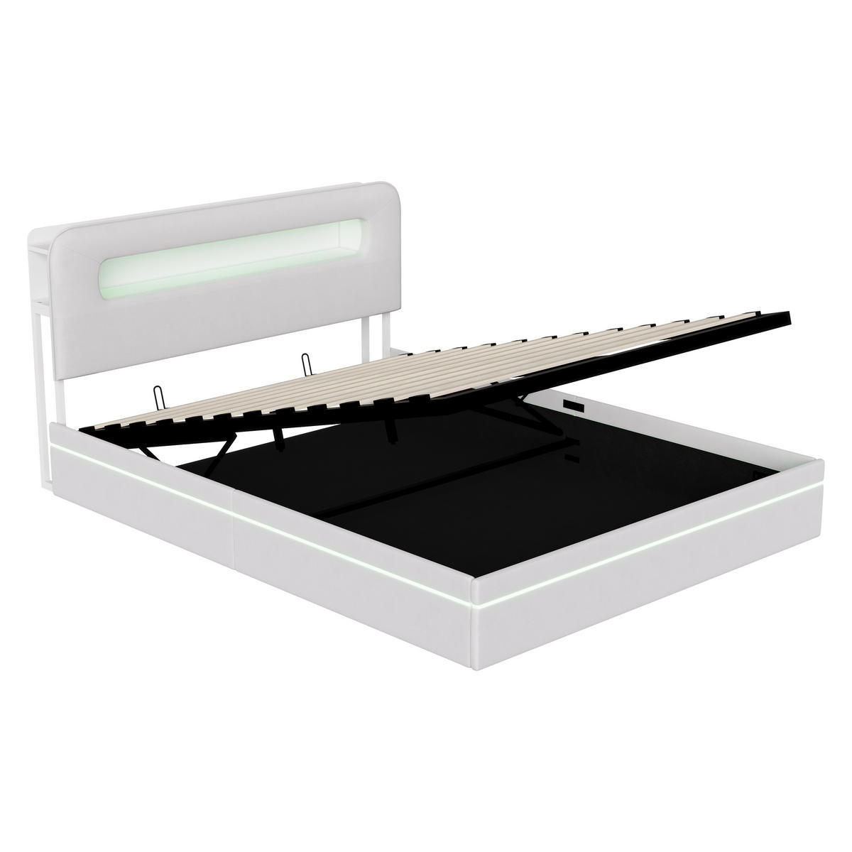 POLSTERBETT 160x200 cm LED Stauraum Lattenrost Ablagefach Samt beige - Weiß, Holz (160/200cm) - LEBENLANG