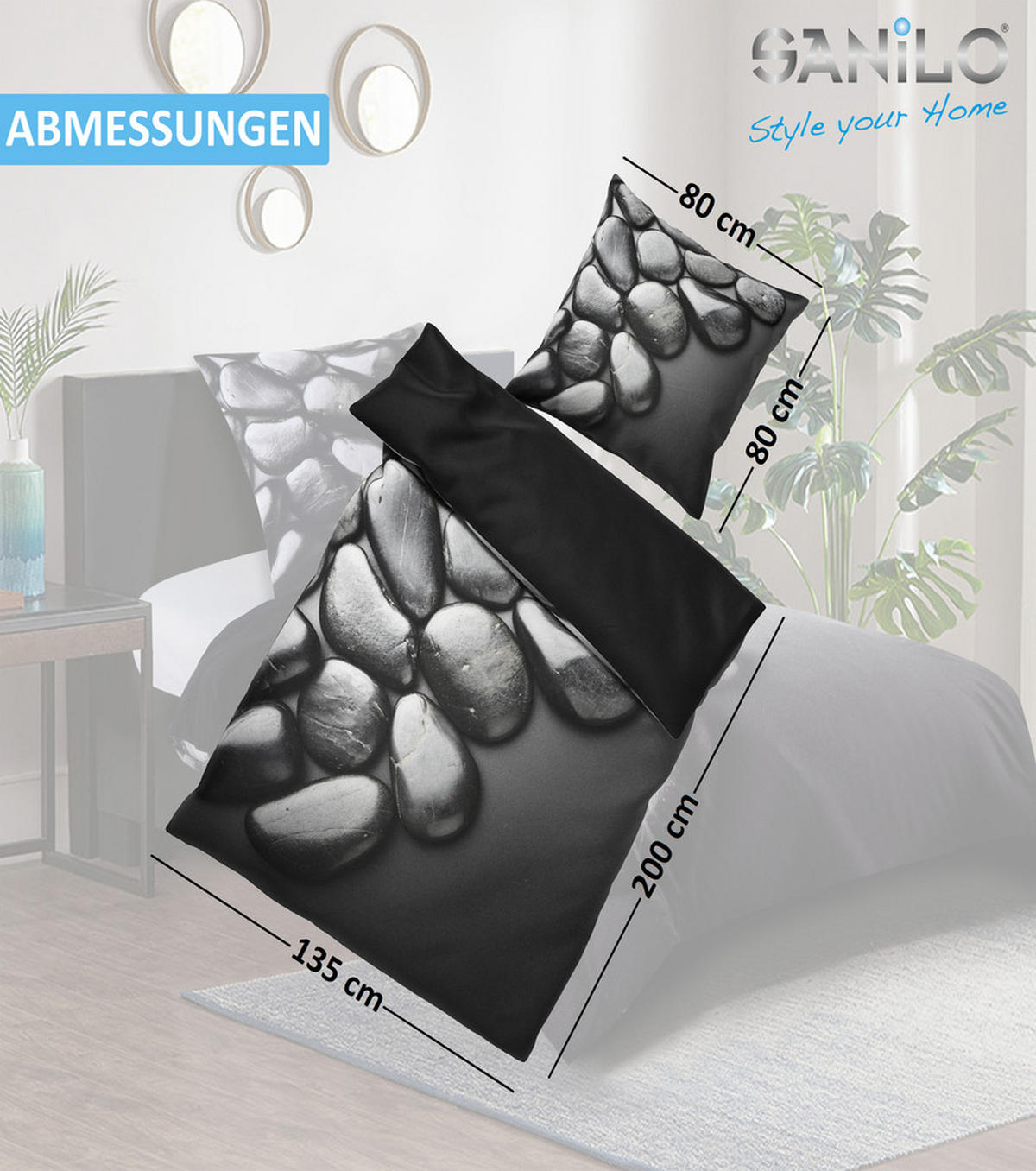 BETTWÄSCHE 2-teilig Hot Stones - Schwarz, Naturmaterialien (135/200cm) - Sanilo