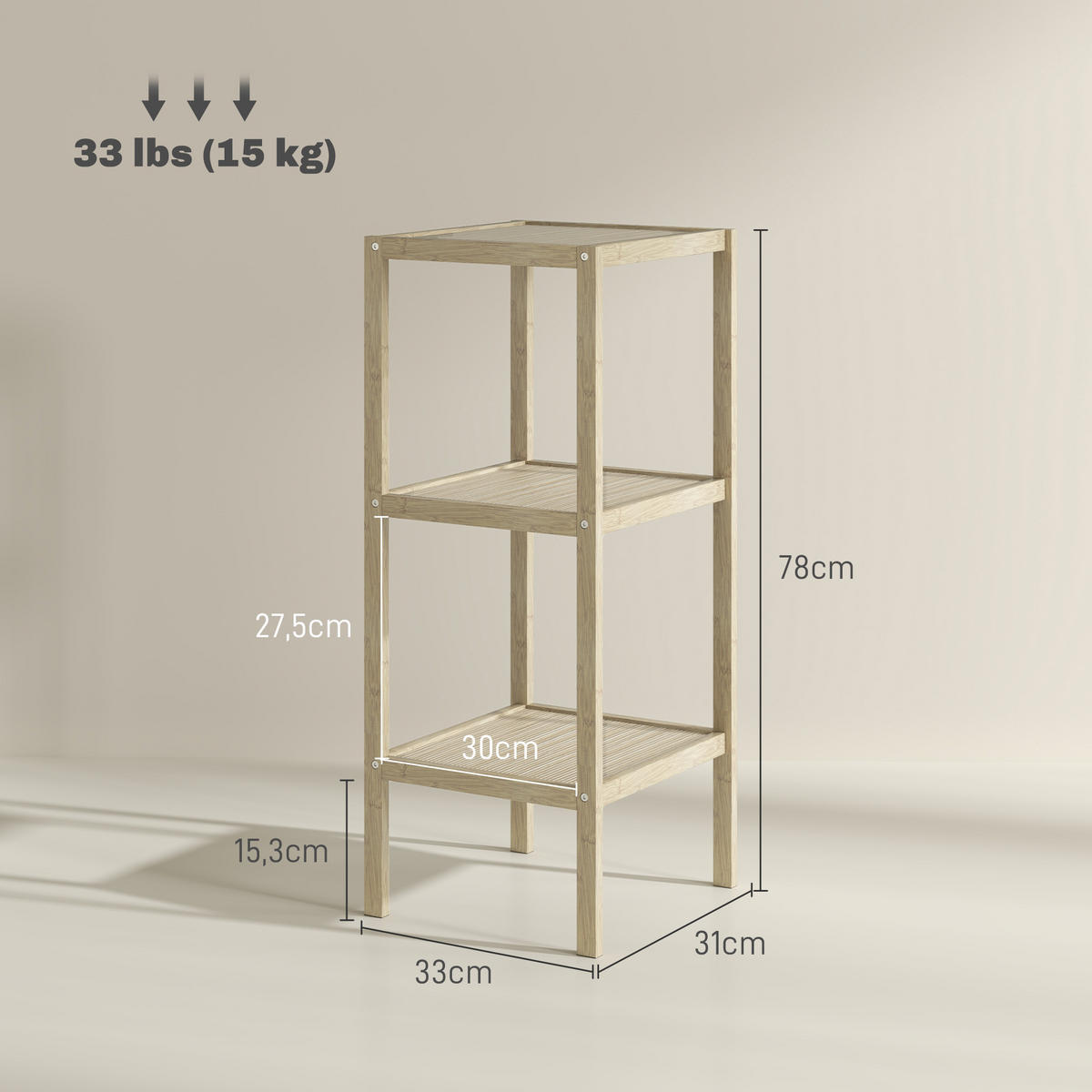 BADEREGAL, Badezimmerregal mit 3 Ebenen, 33 x 31 x 78 cm, Naturholz - Naturfarben, Naturmaterialen (33/78/31cm) - HOMCOM