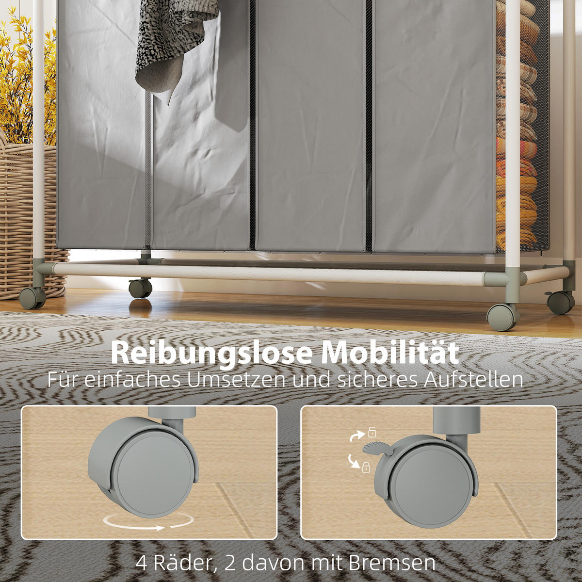 WÄSCHEKORB mit 4 Fächer 160 L Wäschesammler mit Räder herausnehmbarer Wäschesack - Grau, Textil (38/81/97cm) - HOMCOM