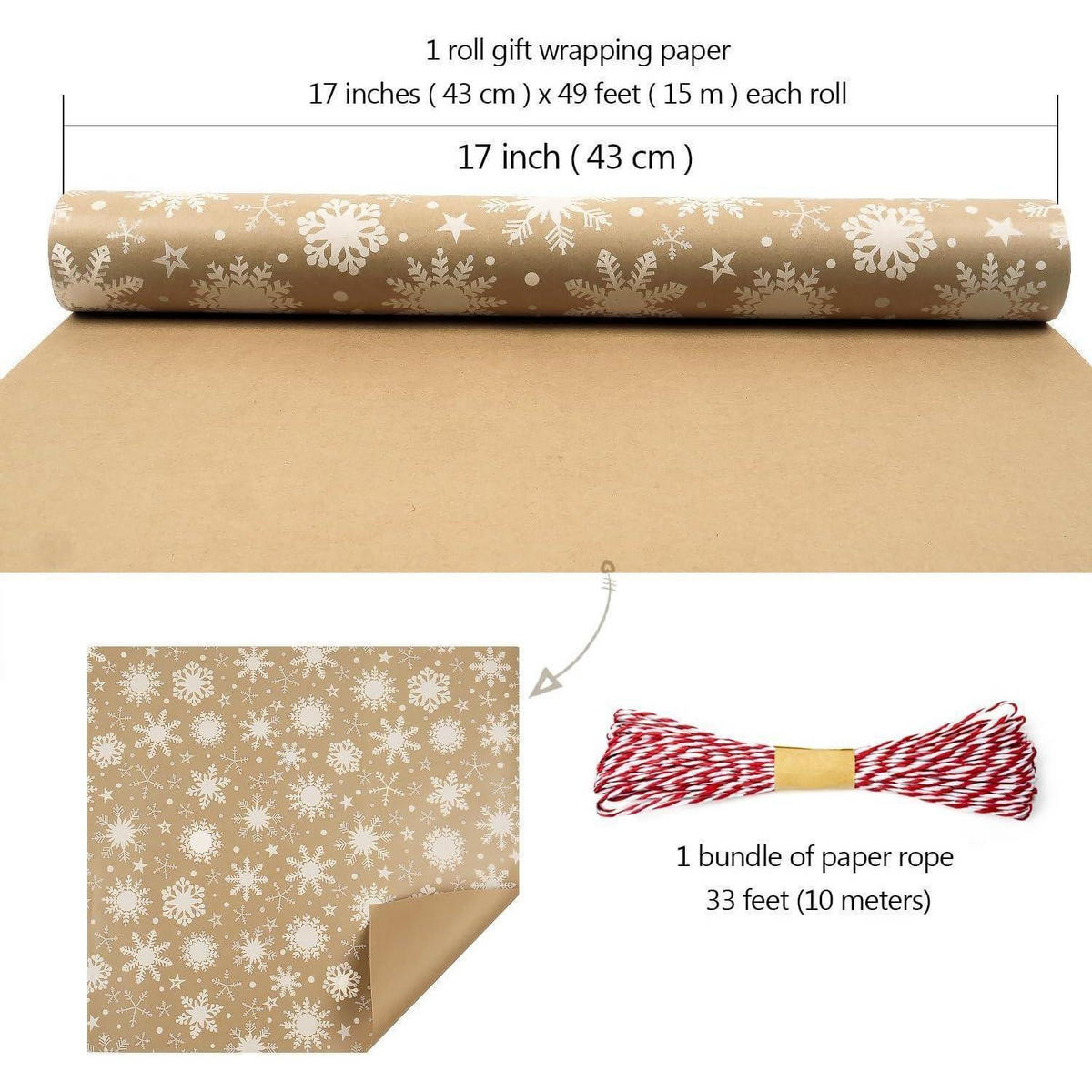 GESCHENKPAPIER Rolle 43 cm x 15 m Schneeflockenmuster Kraftpapier - Braun, Papier (43/0.1/1500cm)