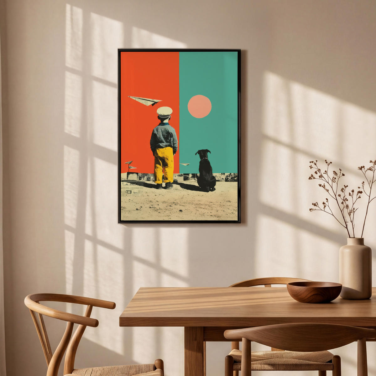 LEINWAND Bilder mit Rahmen - Retro - Junge - Hund - Rot - Grün - 60x90 - Orange, Textil (60/90cm) - MuchoWow
