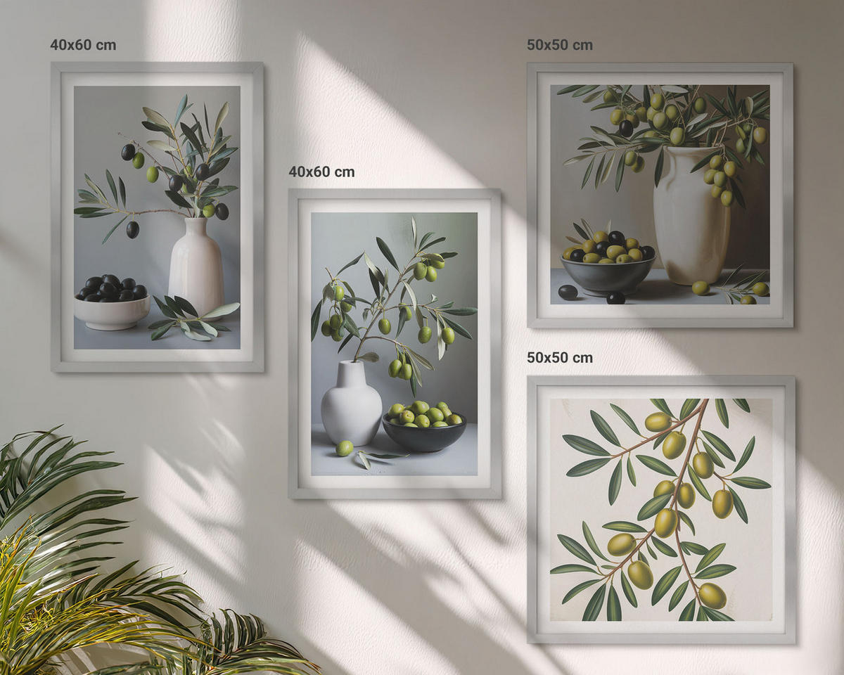 WANDBILDER 4er Set - 50x50 cm & 40x60 cm Silberner Rahmen - Oliven in Vasen in gedeckten Farben - Silberfarben, Kunststoff (50/50cm) - ArtPrintCave