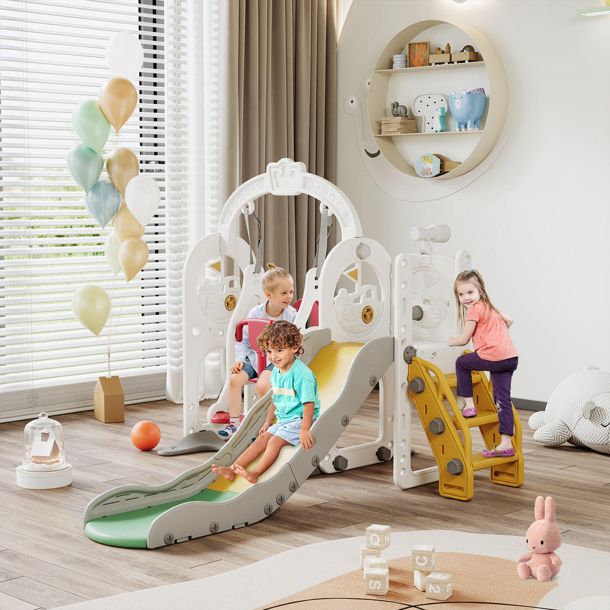 6-IN-1 RUTSCHE Kinder Weiß Mit Klettergerüst, Schaukel & Teleskop - Weiß, Holz (150/115/150cm)