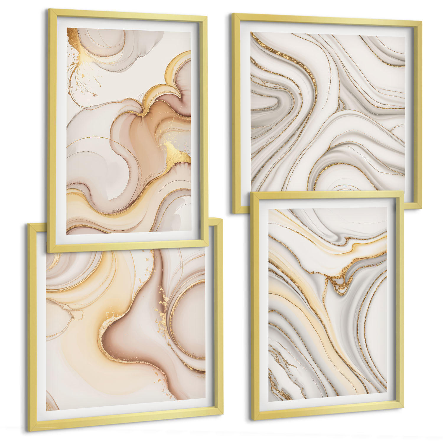 BILDER SET 4er Set - 50x50 cm & 40x60 cm Goldrahmen - Lineare abstrakte Motive - Goldfarben, Kunststoff (50/50cm) - TULUP