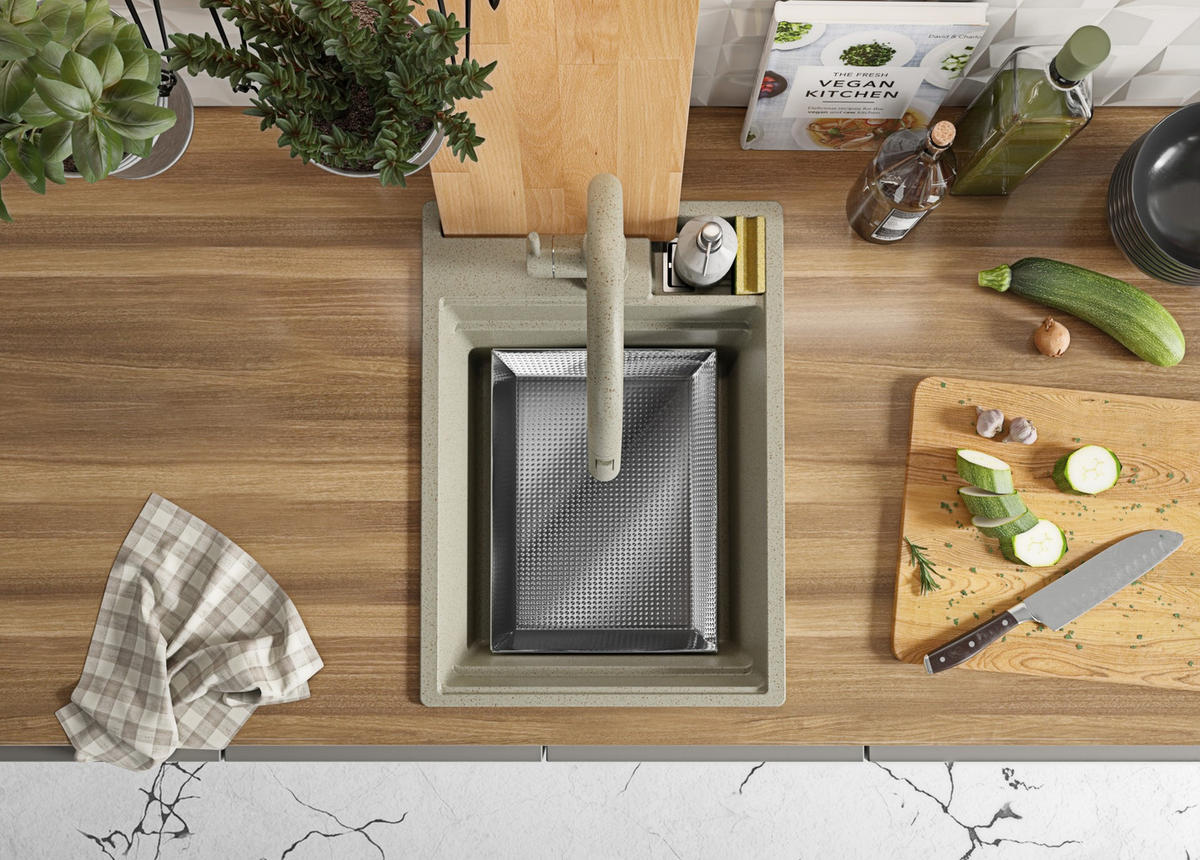 SPÜLBECKEN Oslo Pocket, 2-er set Beige 38/53 cm 1 Becken + Ablauf-Set + Küchenzubehörset ab 40er Unterschrank - Chromfarben/Beige, Kunststoff (38/20/53cm) - Primagran