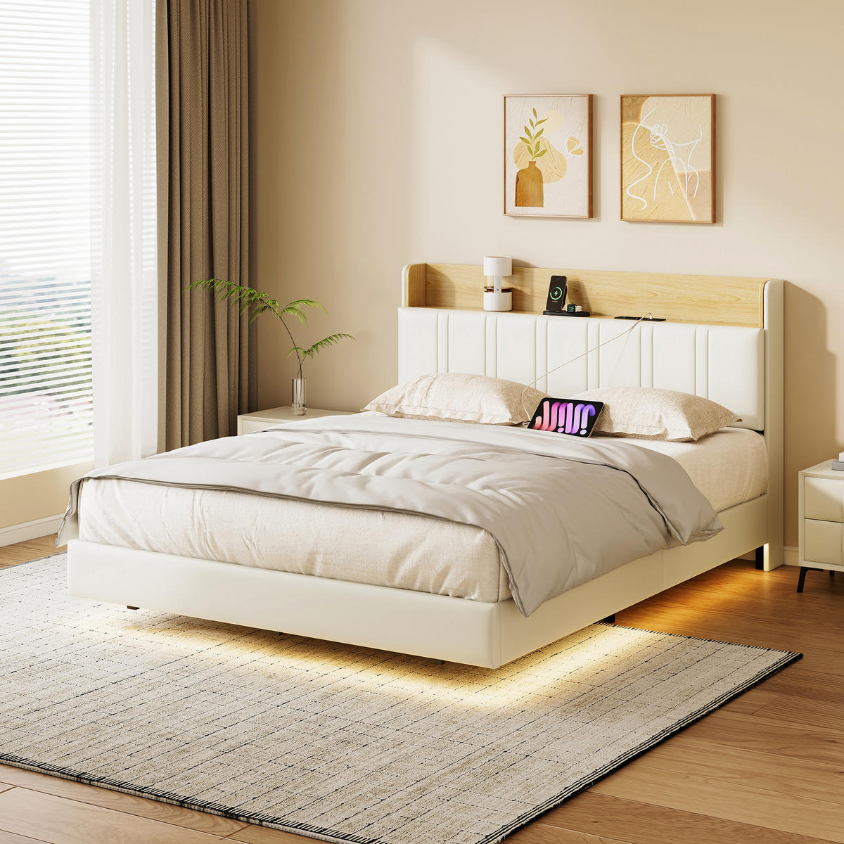 POLSTERBETT 160x200 Weiß PU Holz LED Seitentaschen - Weiß, Metall (160/200cm) - SHOPENTRA