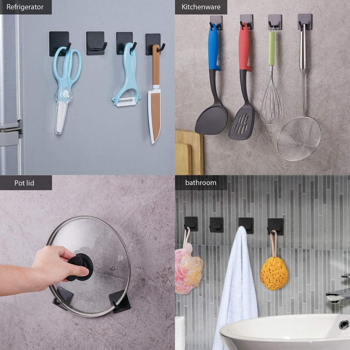 KLEBEHAKEN 4er Set Schwarz Matt Edelstahl Rostfrei Ohne Bohren - Schwarz, Metall (4.5/2/4.5cm)