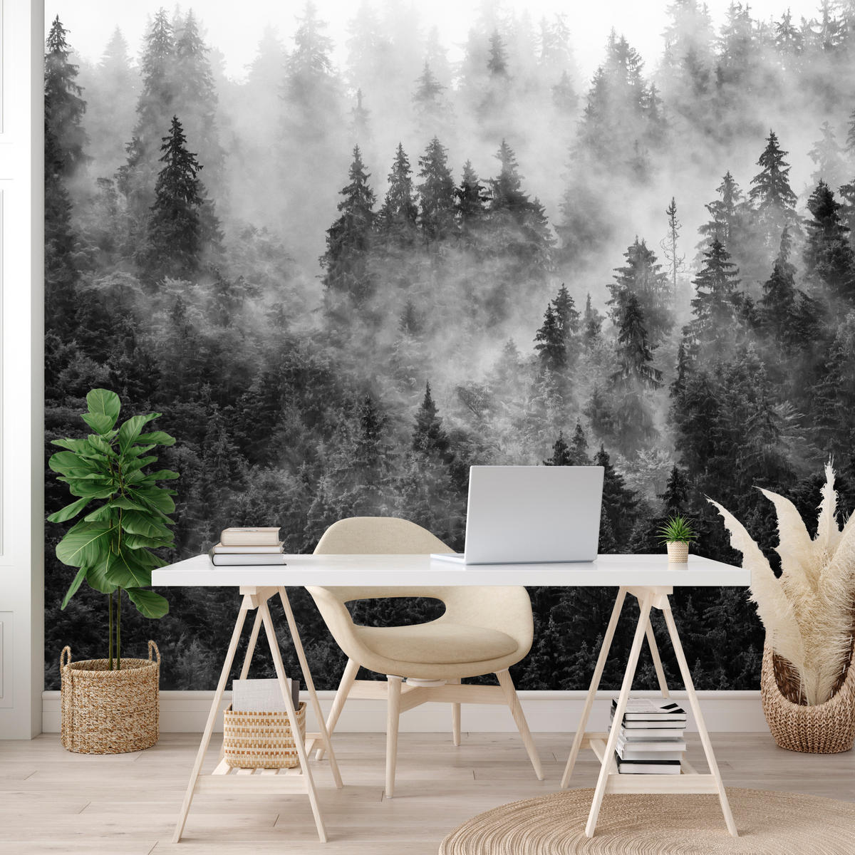 FOTOTAPETE für Wohnzimmer Dichter Nebel Forst Bäume 500x350 - Schwarz/Weiß, Papier (500/350cm) - Muralo