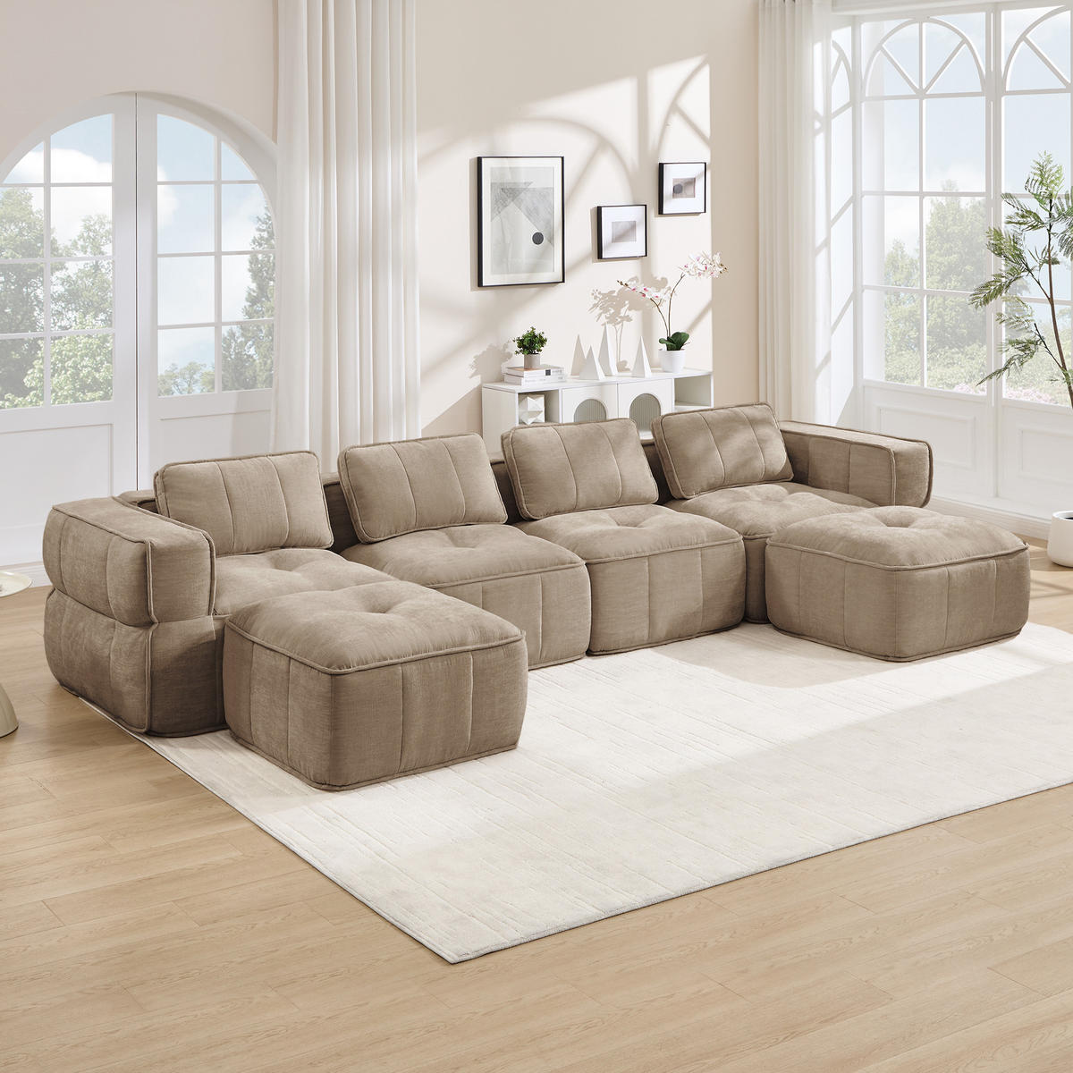CANAPEA 4 LOCURI cu 2 taburete, minimalist, Poliester-nisipiu - nisipiu, material textil (162/67/344cm) - KOMHTOM