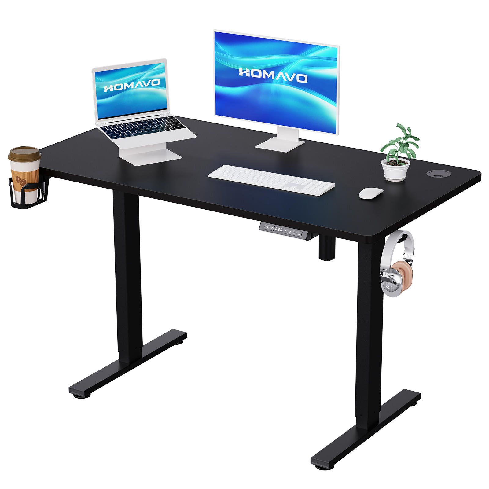 SCHREIBTISCH elektrisch höhenverstellbarer 70 x 140 cm, mit USB-A- und Type-C-Ladeanschlüssen, mit Memory- und Kollisionsschutzfunktion - Schwarz, Metall (140/70/120cm) - HOMAVO