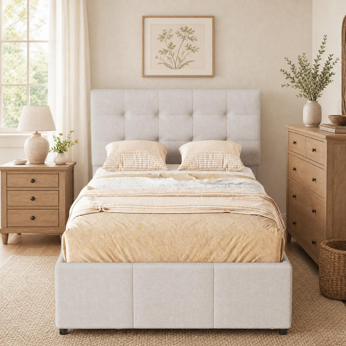 POLSTERBETT 90/200 mit Ausziehbett, drei Schubladen und verstellbarem Kopfteil in Beige - Beige, Holzwerkstoff/Textil (90/200cm) - EVRYAE