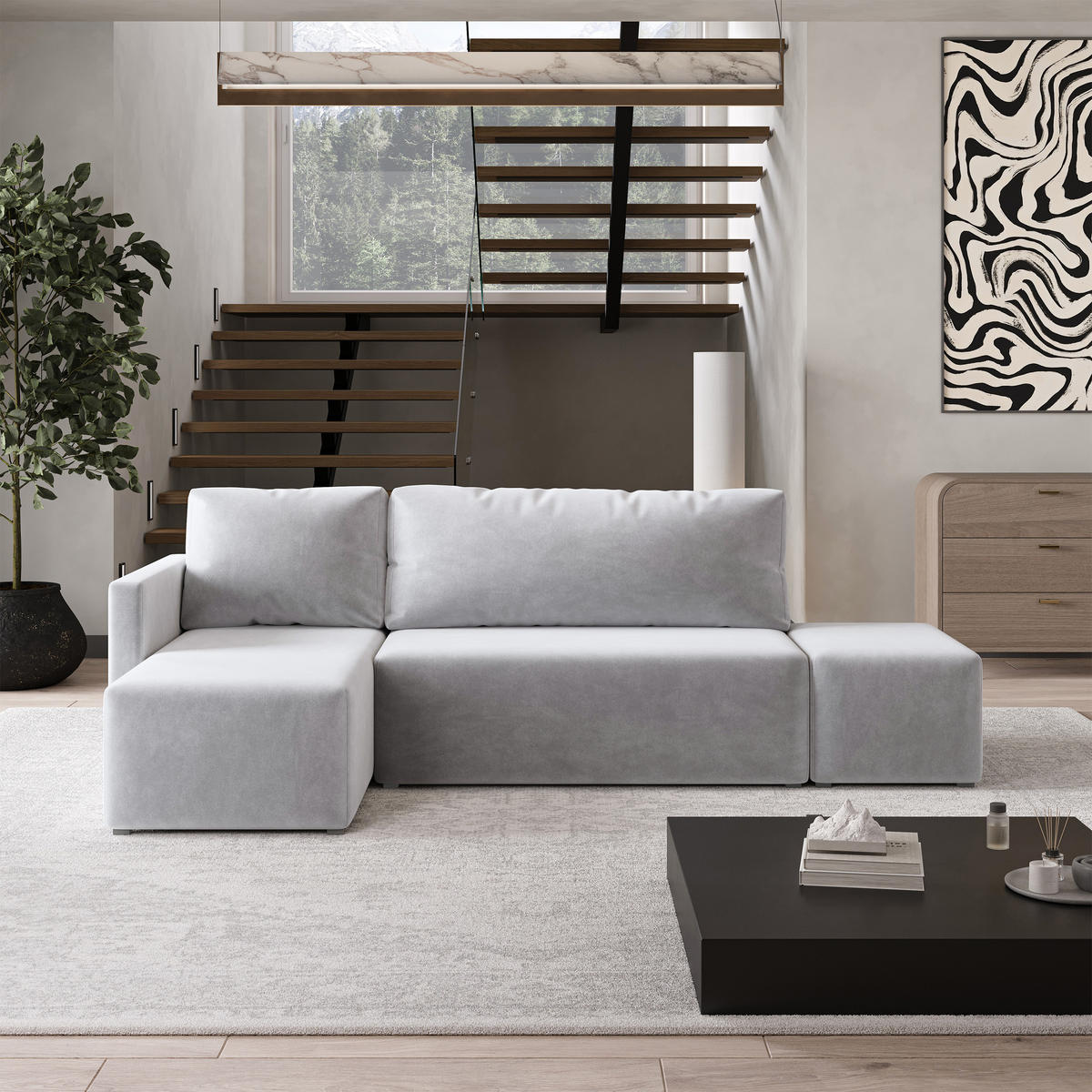 ECKSOFA VELOTTI L-S Hellgrau Plüsch-Stoff mit Schlaffunktion - Hellgrau, Holz (261/143cm) - MASSENO