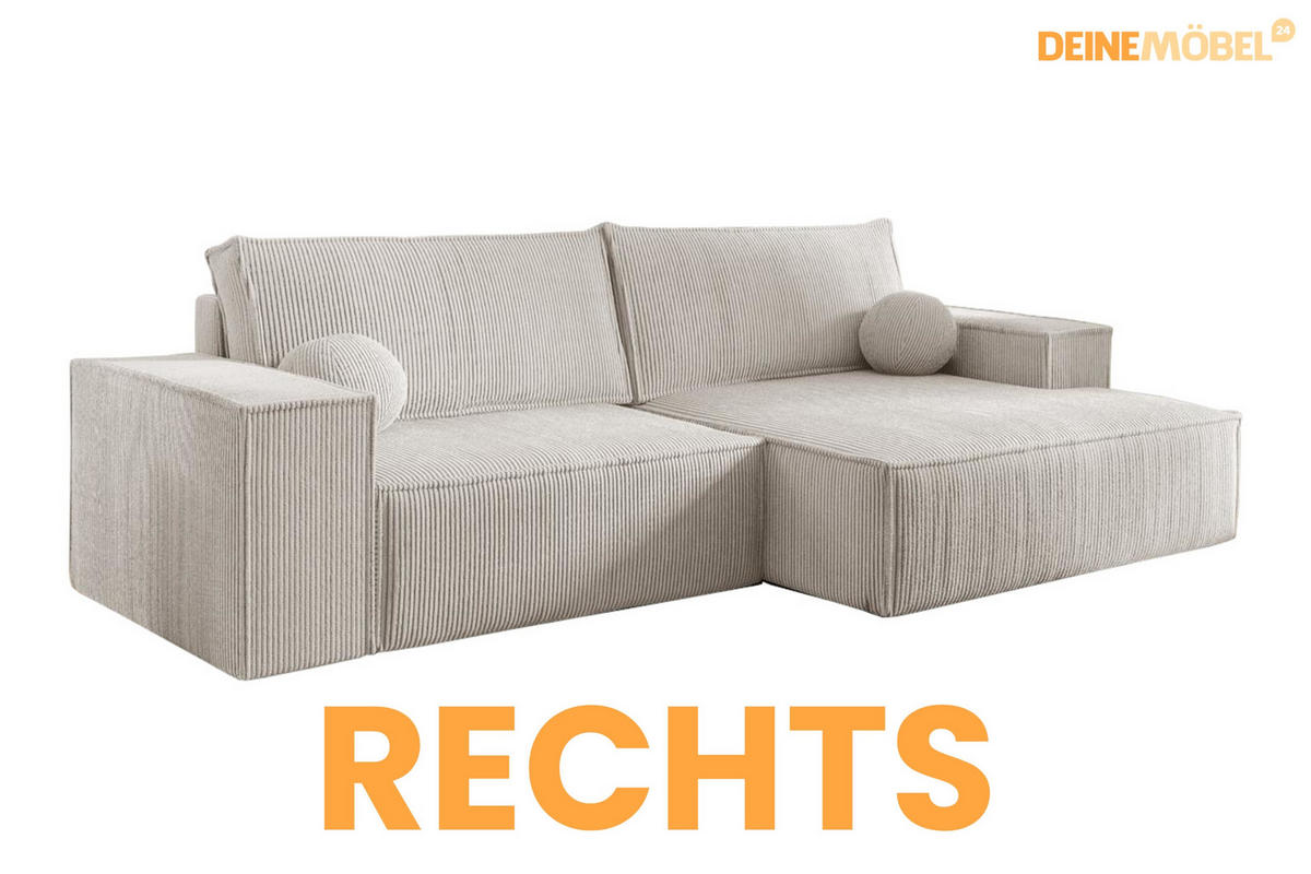 ECKSOFA NEPTUN 255/148 in Cord Creme rechts - Creme, Holz/Holzwerkstoff (255/148cm) - Deine Möbel 24